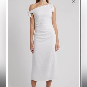 Off the shoulder White Linen dress by WAYF SMALL